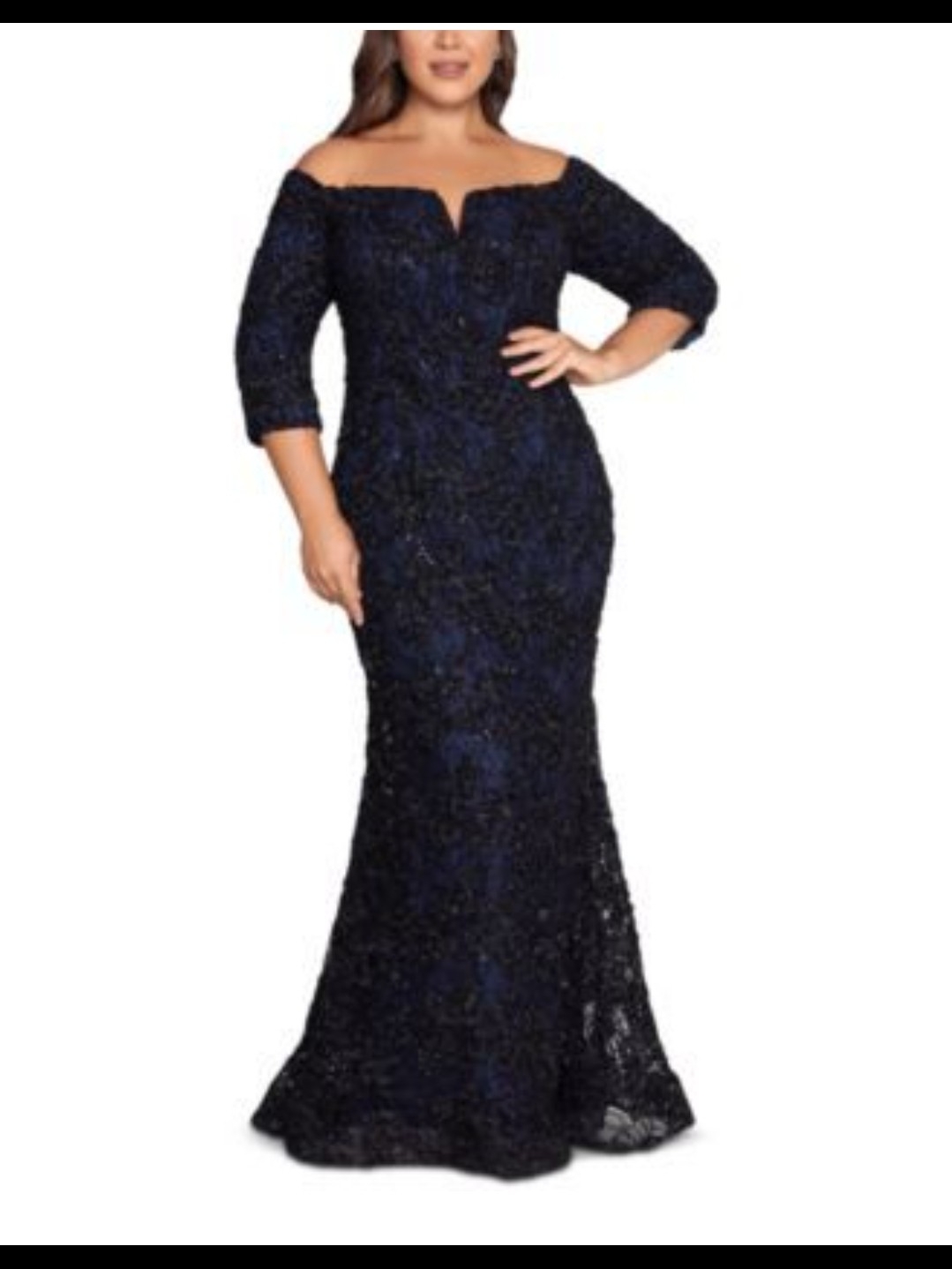 Xscape Navy Off-Shoulder Lace Gown With Three-Quarter Sleeves